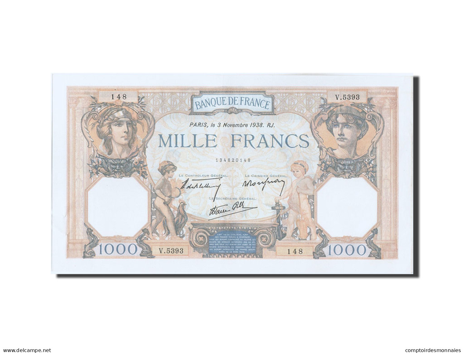 Billet, France, 1000 Francs, 1 000 F 1927-1940 ''Cérès Et Mercure'', 1938 - 1 000 F 1927-1940 ''Cérès Et Mercure''