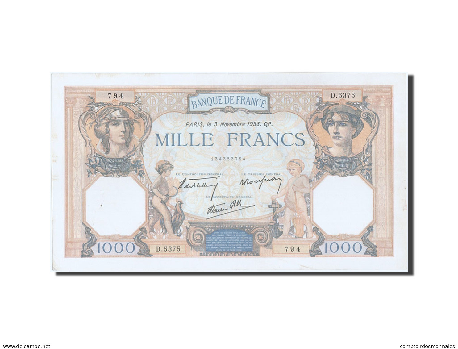 Billet, France, 1000 Francs, 1 000 F 1927-1940 ''Cérès Et Mercure'', 1938 - 1 000 F 1927-1940 ''Cérès Et Mercure''