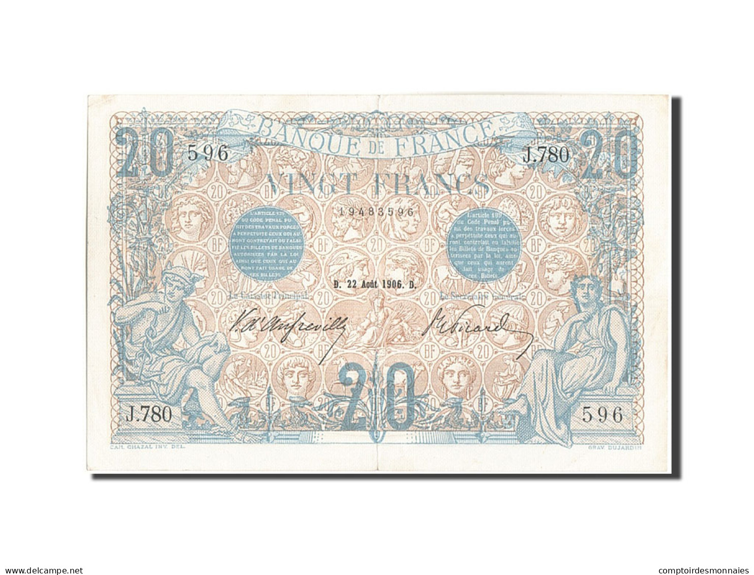 France, 20 Francs, 20 F 1905-1913 ''Bleu'', 1906, 1906-08-22, KM:68a, TTB+, F... - 20 F 1905-1913 ''Bleu''