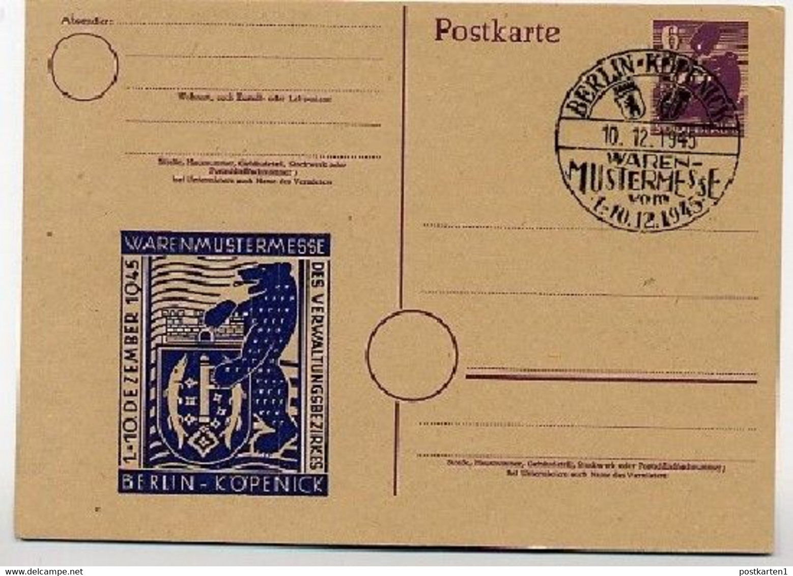 BERLIN P4 ZC/01e Postkarte WARENMUSTERMESSE Sost  1945 - Interi Postali