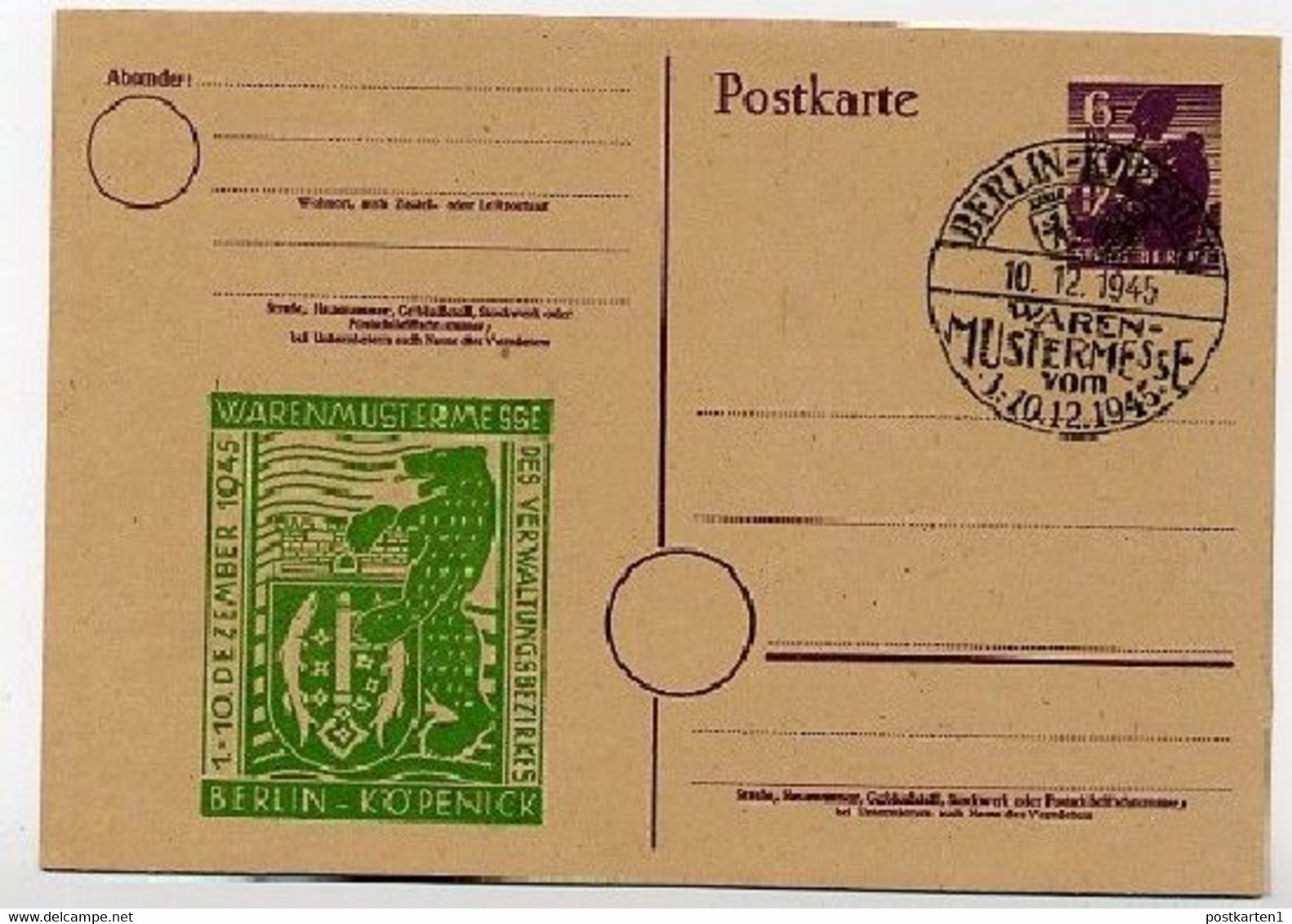 BERLIN P4 ZC/03e Postkarte WARENMUSTERMESSE Sost  1945 - Postal  Stationery