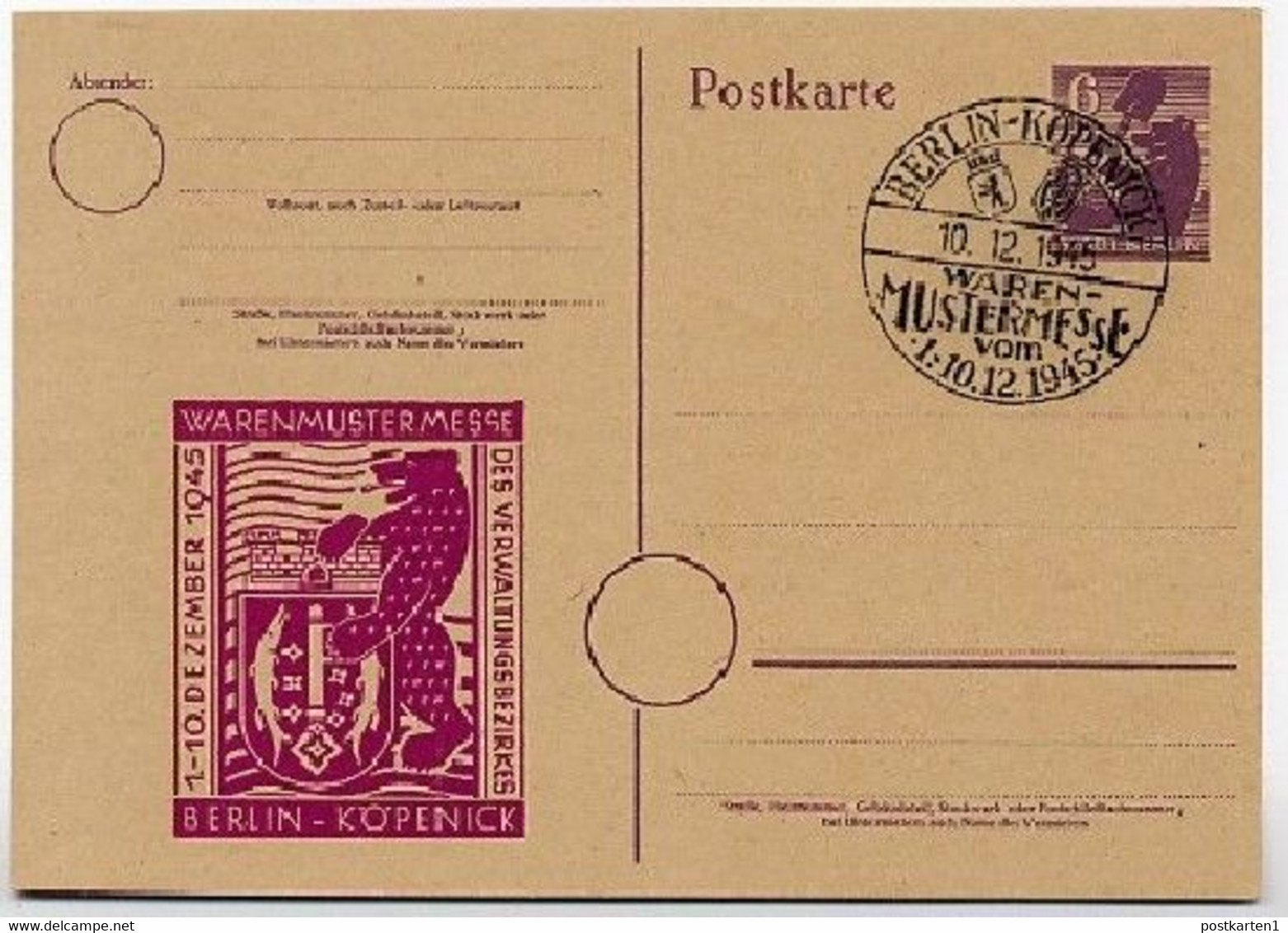 BERLIN P4 ZC/05 Ostkarte WARENMUSTERMESSE Sost  1945 - Postwaardestukken