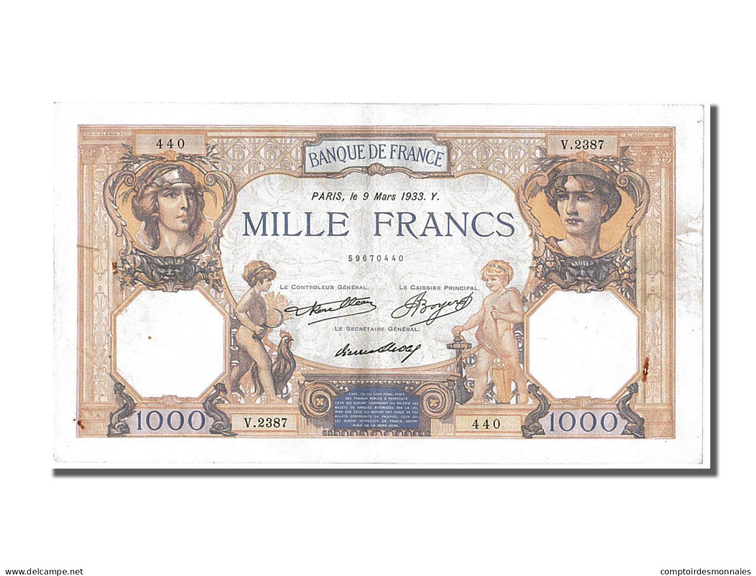 Billet, France, 1000 Francs, 1 000 F 1927-1940 ''Cérès Et Mercure'', 1933 - 1 000 F 1927-1940 ''Cérès Et Mercure''