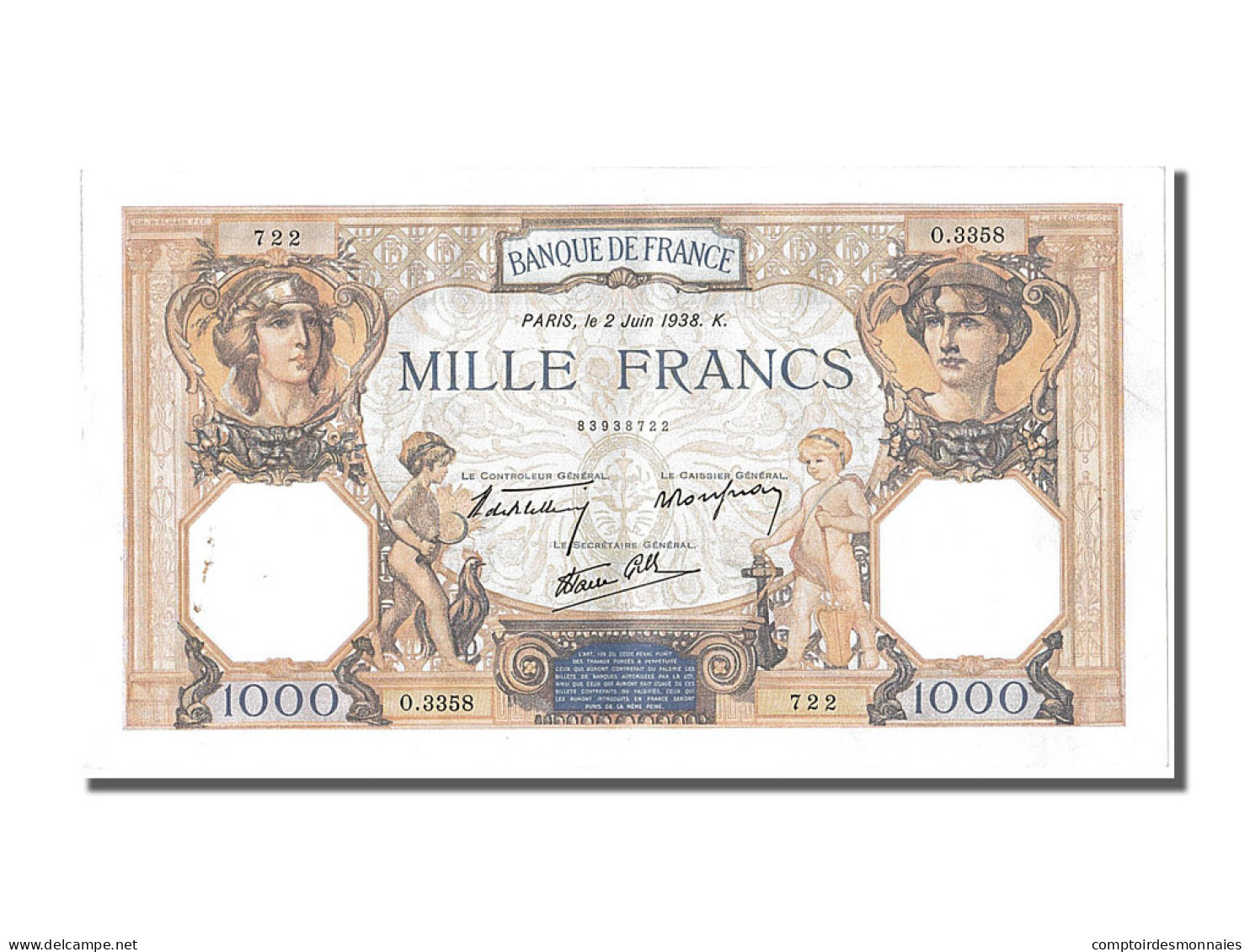 Billet, France, 500 Francs, 1 000 F 1927-1940 ''Cérès Et Mercure'', 1938 - 1 000 F 1927-1940 ''Cérès Et Mercure''