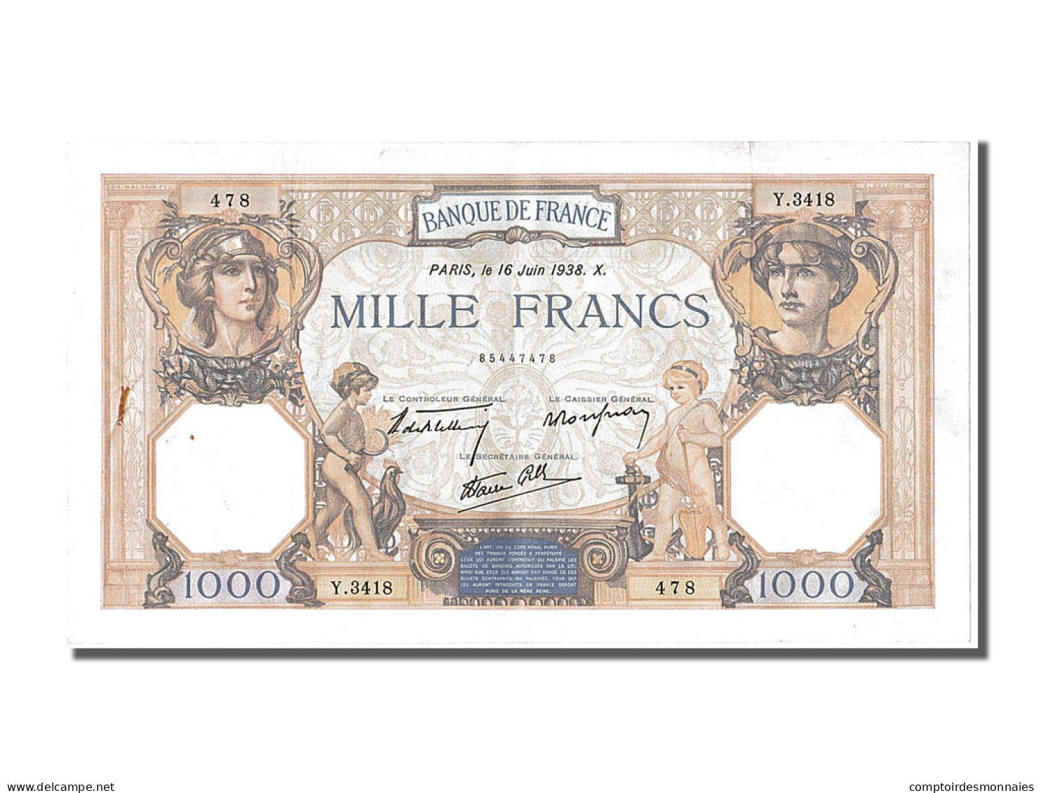 Billet, France, 500 Francs, 1 000 F 1927-1940 ''Cérès Et Mercure'', 1938 - 1 000 F 1927-1940 ''Cérès Et Mercure''