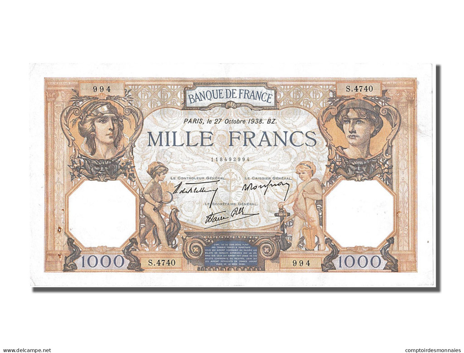 Billet, France, 500 Francs, 1 000 F 1927-1940 ''Cérès Et Mercure'', 1938 - 1 000 F 1927-1940 ''Cérès Et Mercure''