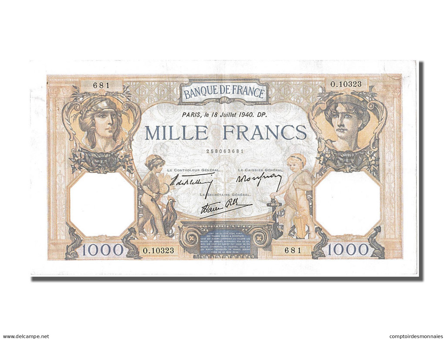 Billet, France, 500 Francs, 1 000 F 1927-1940 ''Cérès Et Mercure'', 1940 - 1 000 F 1927-1940 ''Cérès Et Mercure''