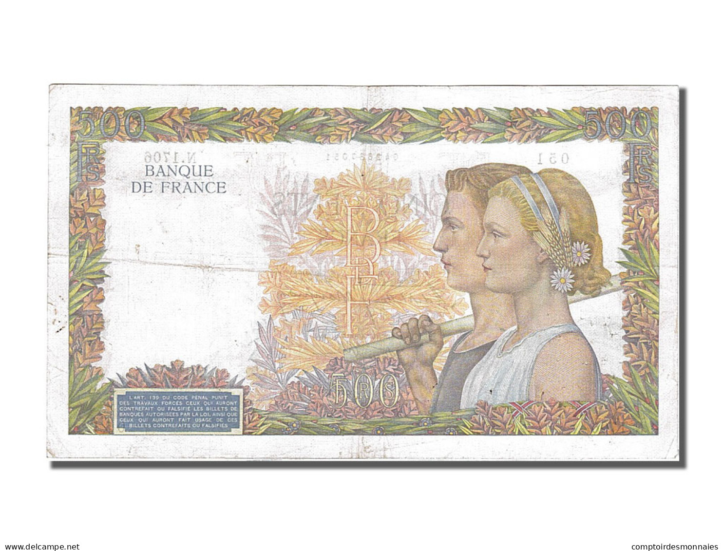 Billet, France, 500 Francs, 500 F 1940-1944 ''La Paix'', 1940, 1940-12-19, TTB+ - 500 F 1940-1944 ''La Paix''