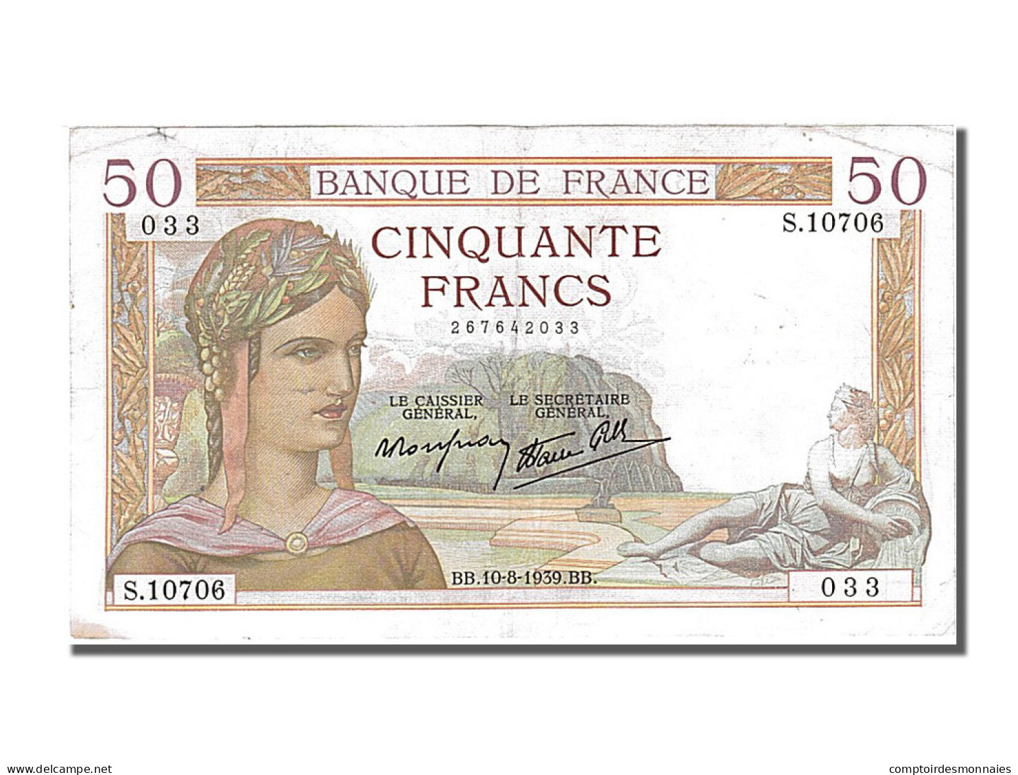 Billet, France, 50 Francs, 50 F 1934-1940 ''Cérès'', 1939, 1939-08-10, TTB+ - 50 F 1934-1940 ''Cérès''