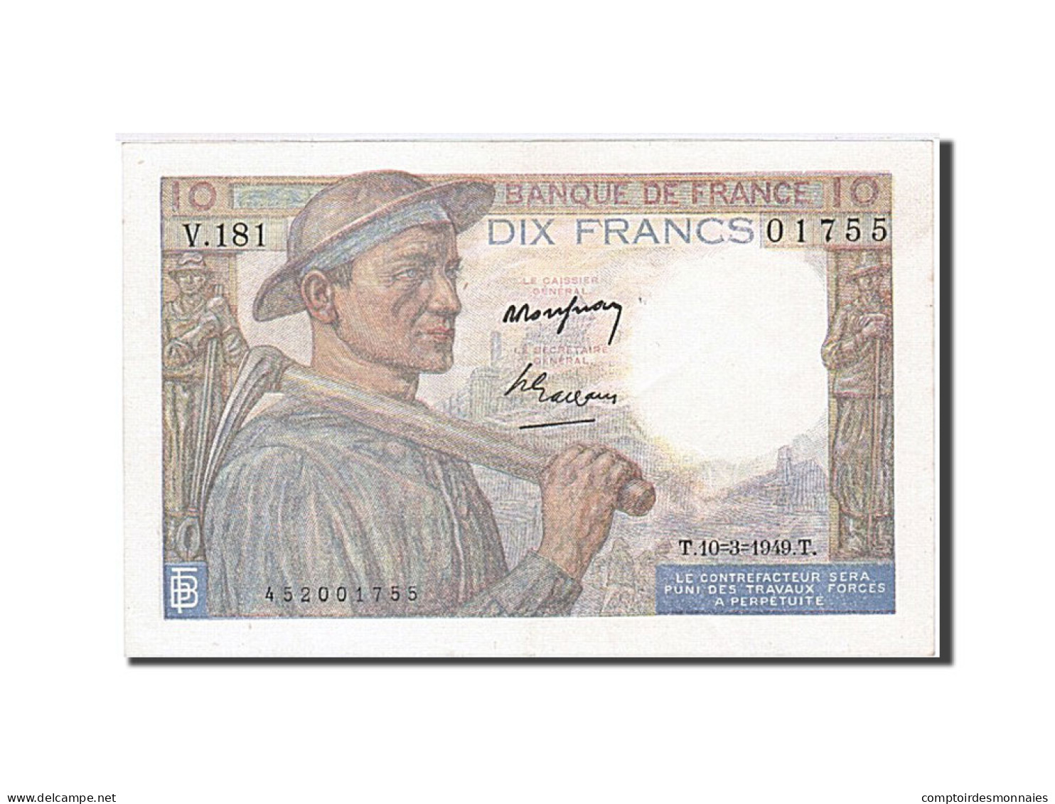 Billet, France, 10 Francs, 10 F 1941-1949 ''Mineur'', 1949, 1949-03-10, SUP+ - 10 F 1941-1949 ''Mineur''