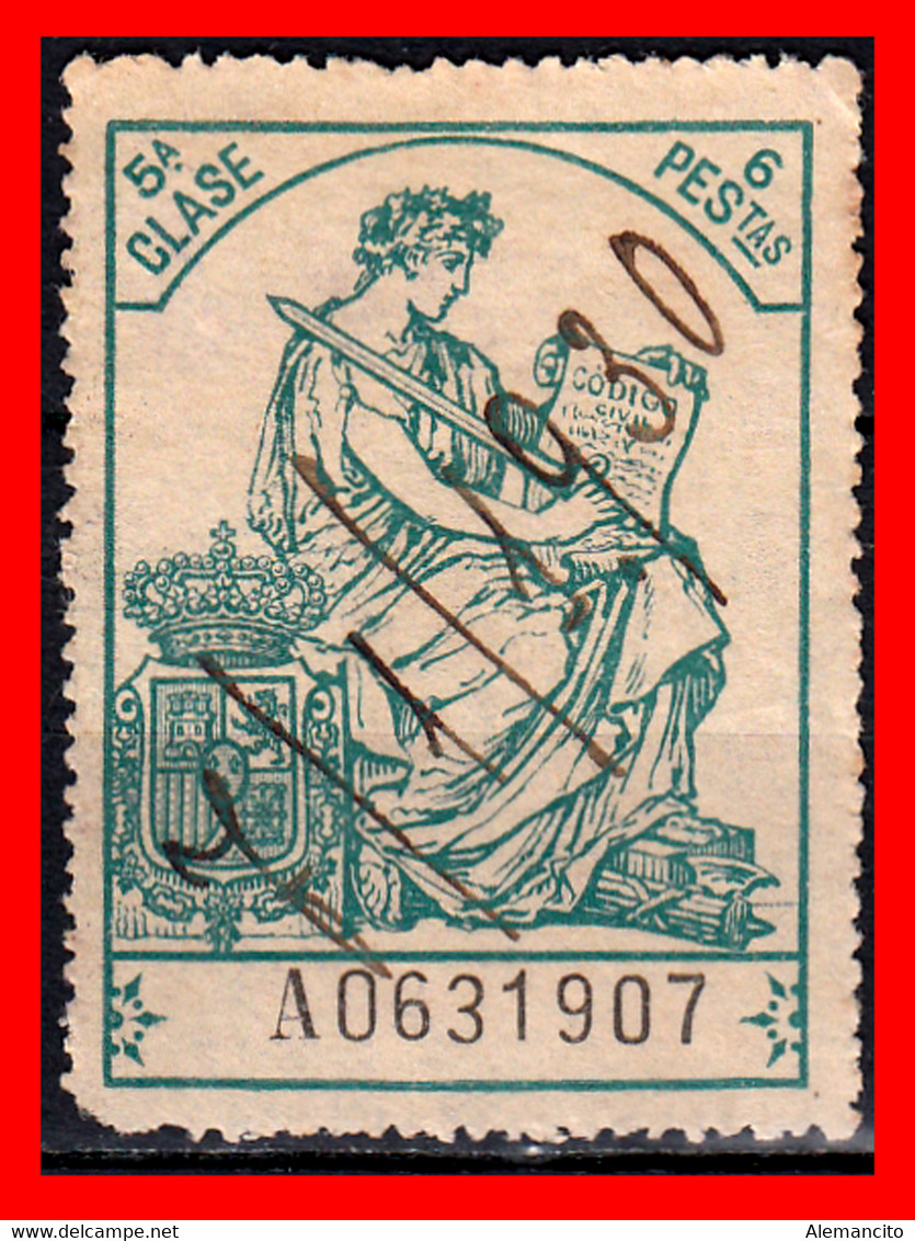 ESPAÑA  ( POLIZA FISCAL ) TIMBRE 5ª CLASE VALOR 6 PTAS.  NºA0631907 SERIE AÑO 1919-126 - Fiscales