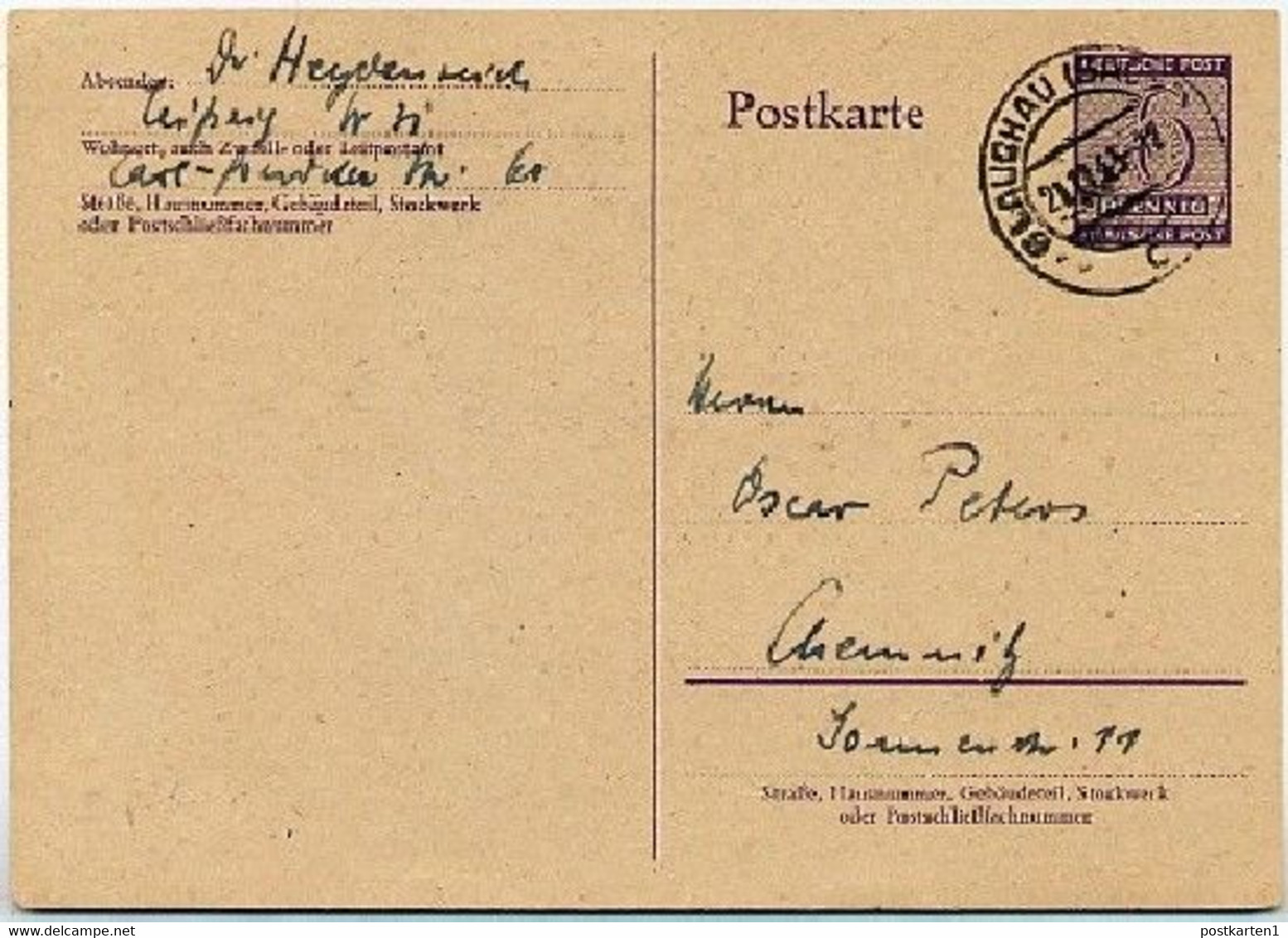 WESTSACHSEN P15 Postkarte Glauchau - Chemnitz 1945  Kat. 30,00 € - Postal  Stationery