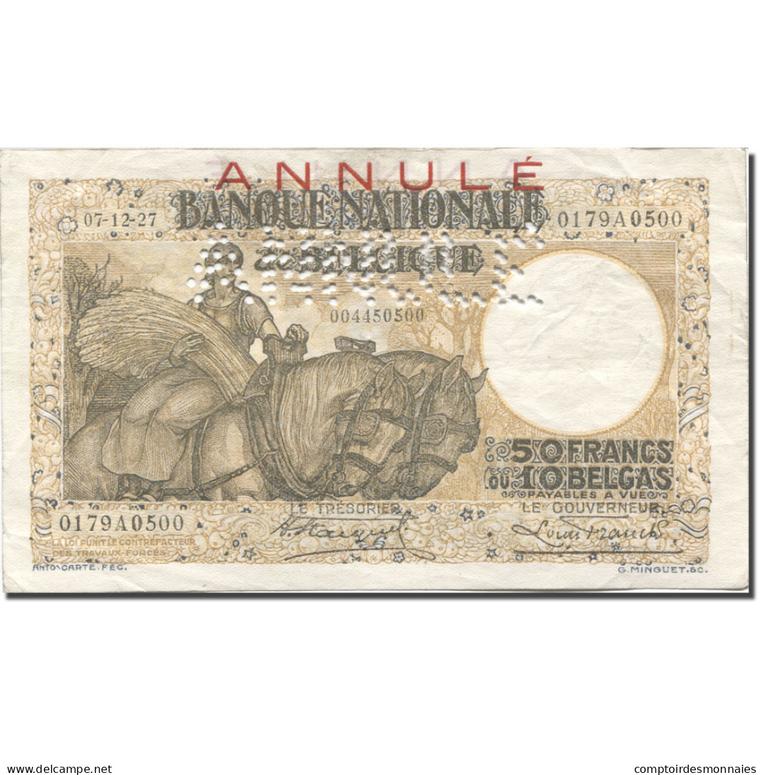 Billet, Belgique, 50 Francs-10 Belgas, 1927, 1927-12-07, ANNULÉ, KM:100, TTB - 50 Franchi-10 Belgas