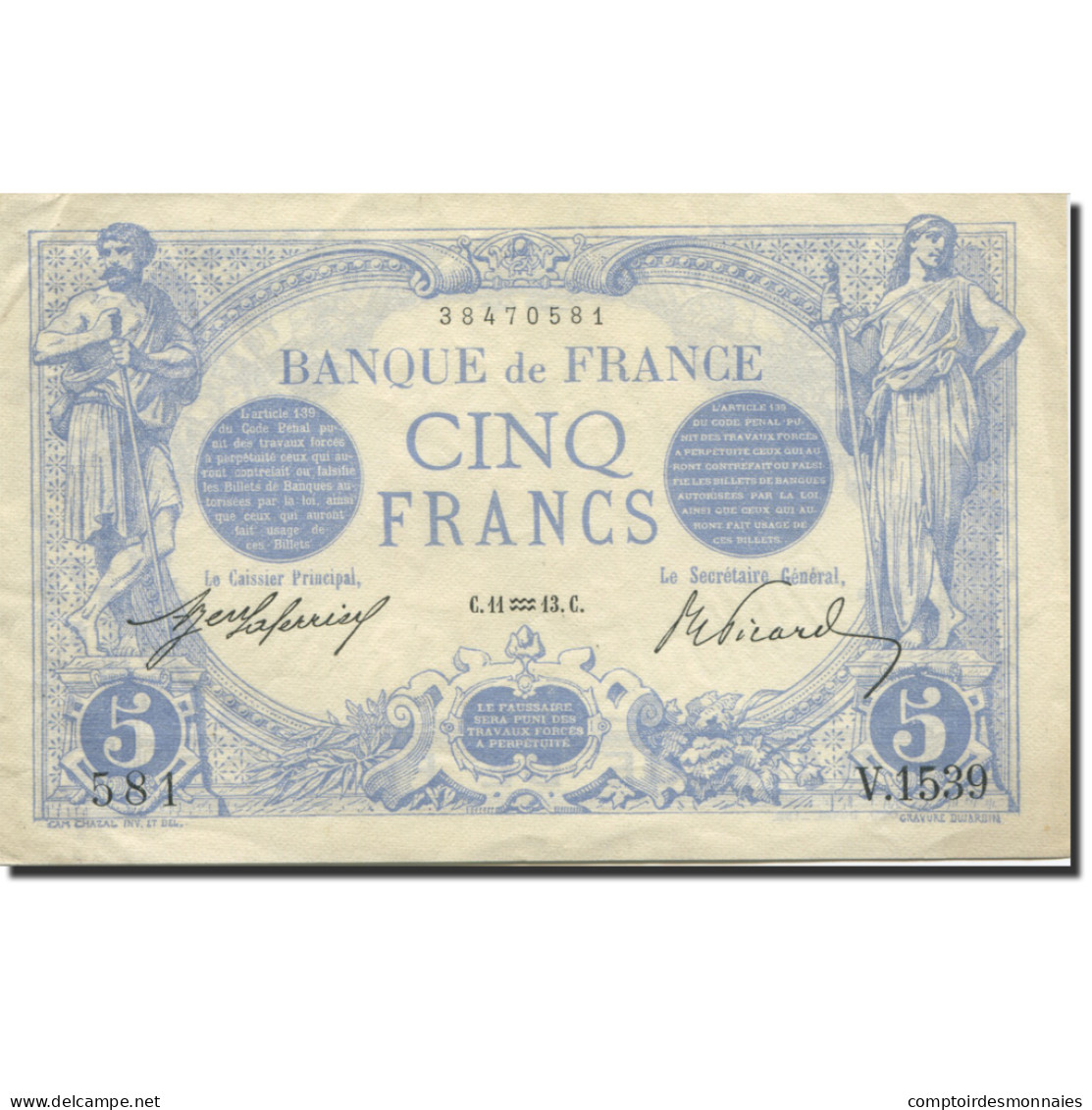 France, 5 Francs, Bleu, 1905, 1913-01-11, SUP, Fayette:2.13, KM:70 - 5 F 1912-1917 ''Bleu''