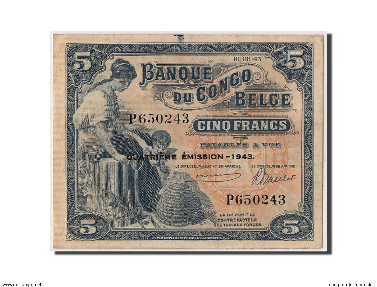 Billet, Congo Belge, 5 Francs, 1943, 1943-08-10, TTB - Bank Van Belgisch Kongo