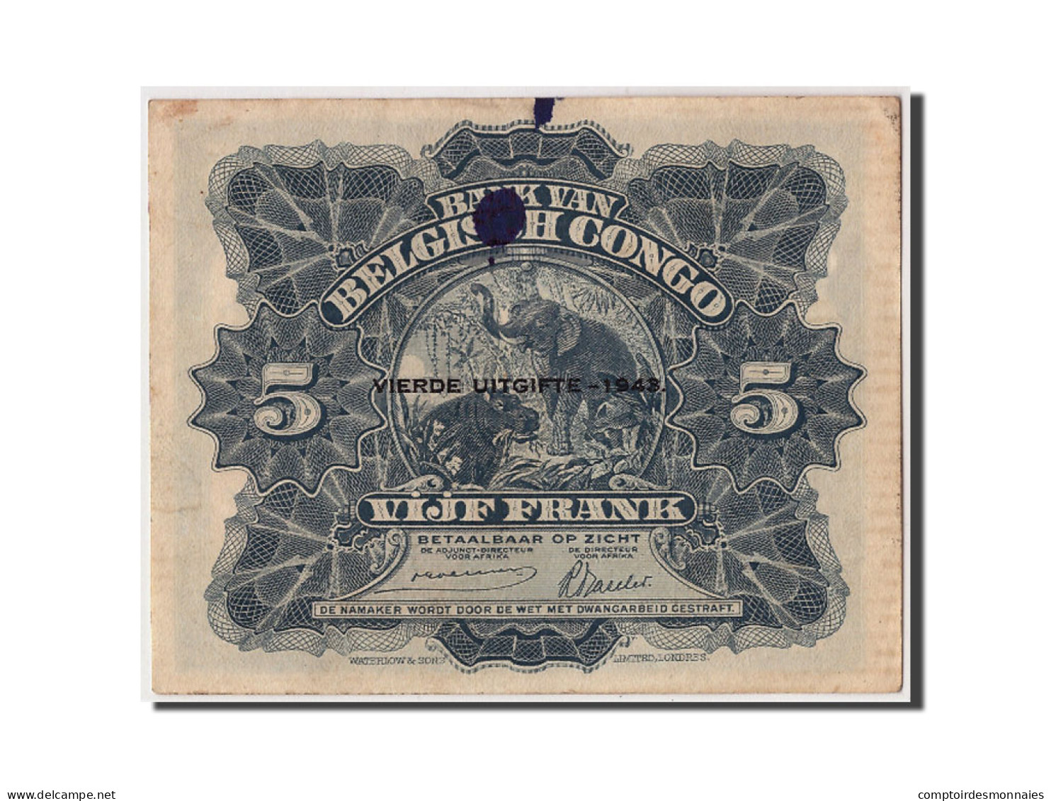 Billet, Congo Belge, 5 Francs, 1943, 1943-08-10, TTB - Banca Del Congo Belga