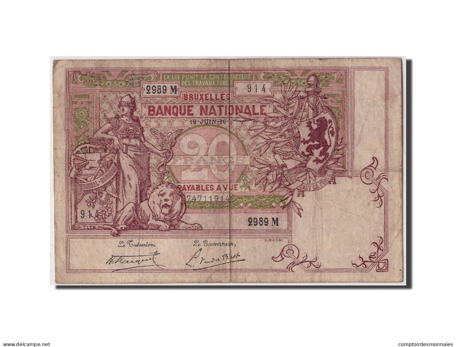 Billet, Belgique, 20 Francs, 1919, 1919-06-19, KM:67, TB+ - 5-10-20-25 Francs