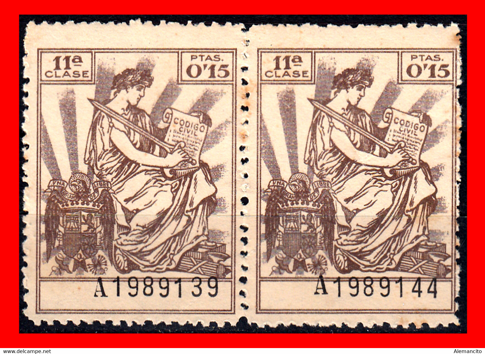 ESPAÑA  ( POLIZA FISCAL 11ª CLASE VALOR 0.15 CENTIMOS DE PTAS. POLIZA NºA1989139-Y 1989144 SERIE AÑO 1940-45 - Fiscales