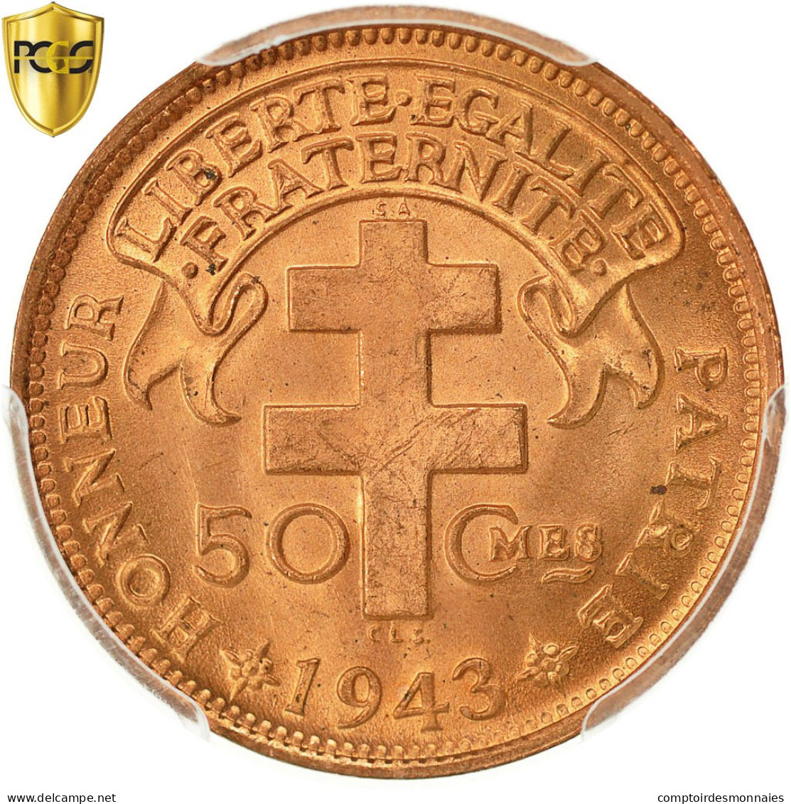 Monnaie, Cameroun, 50 Centimes, 1943, Pretoria, PCGS, MS66RD, FDC, Bronze, KM:6 - Cameroun