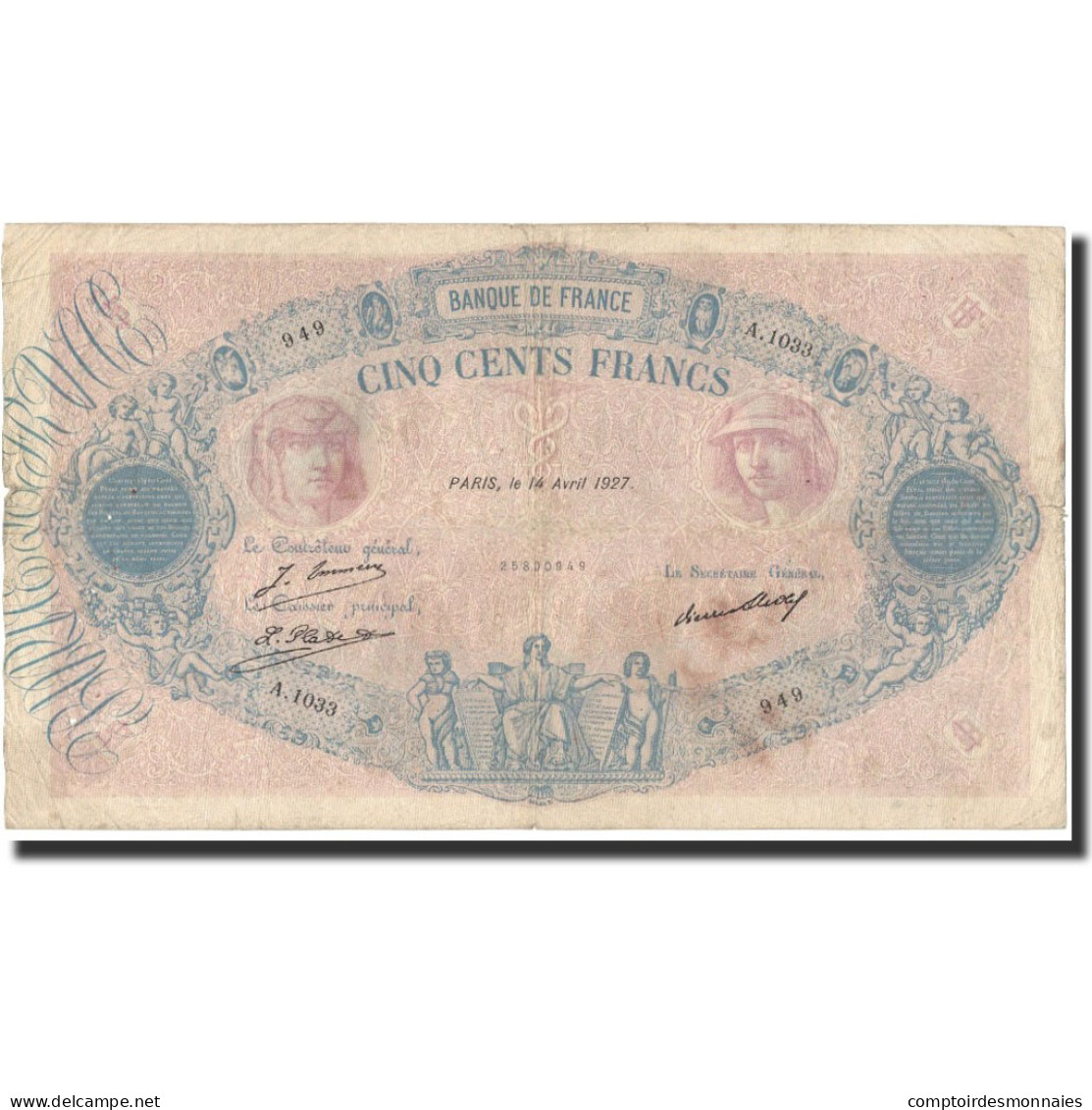 France, 500 Francs, 1927-04-14, TB, Fayette:30.30, KM:66k - 500 F 1888-1940 ''Bleu Et Rose''