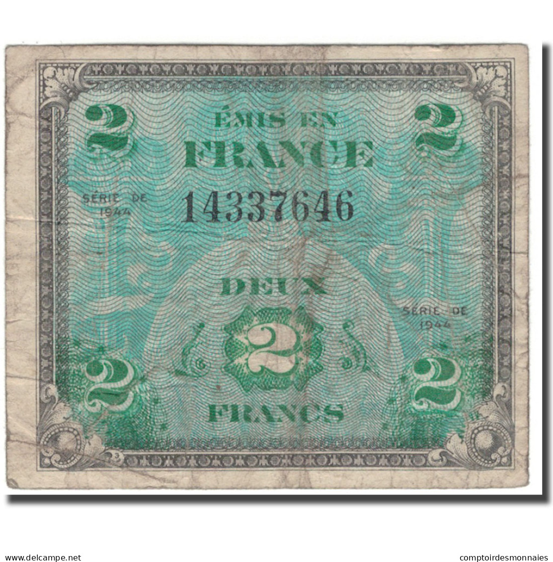 France, 2 Francs, 1944 Flag/France, 1944, B, Fayette:VF16.1, KM:114a - 1944 Drapeau/Francia