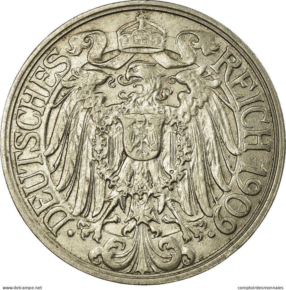 Monnaie, GERMANY - EMPIRE, Wilhelm II, 25 Pfennig, 1909, Karlsruhe, TTB+ - 25 Pfennig