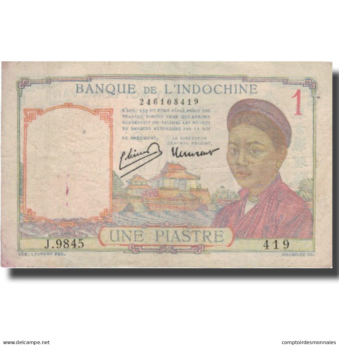 Billet, FRENCH INDO-CHINA, 1 Piastre, KM:54c, TB+ - Indochina