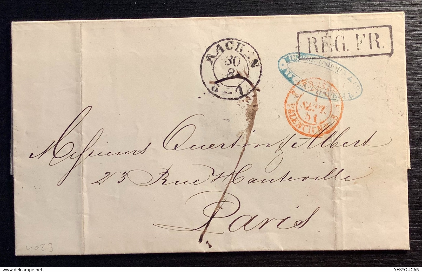 AACHEN + REG FR(régime Frontalier)1851 Brief>Paris France(lettre Prusse Valenciennes Transit Post Frankreich Grenzrayon - Storia Postale