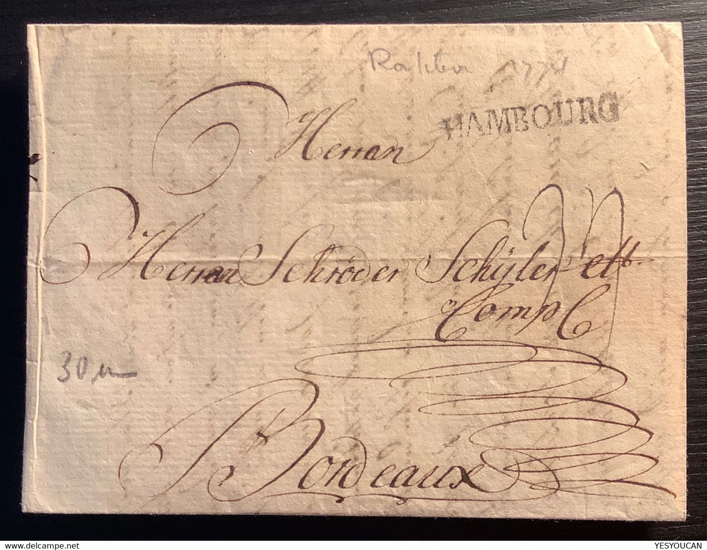 "HAMBOURG" 1774 Brief RATIBOR Preussen>Schroeder Schyler Bordeaux France(lettre Vin Transit Post Hamburg Frankreich - [Voorlopers