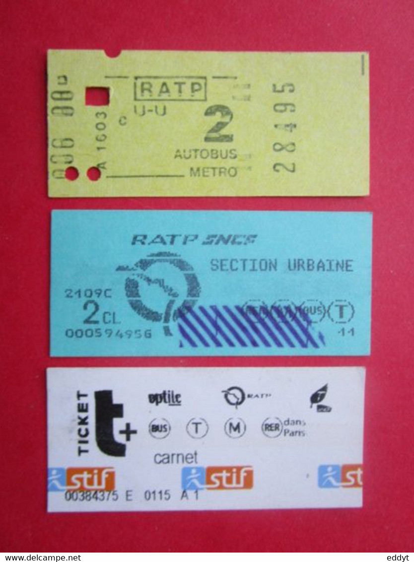 3 TICKETS Métro Autobus RATP SNCF - PARIS - 2° Classe - DIVERS - Couleur Jaune/Bleu/Blanc - TBE - Monde