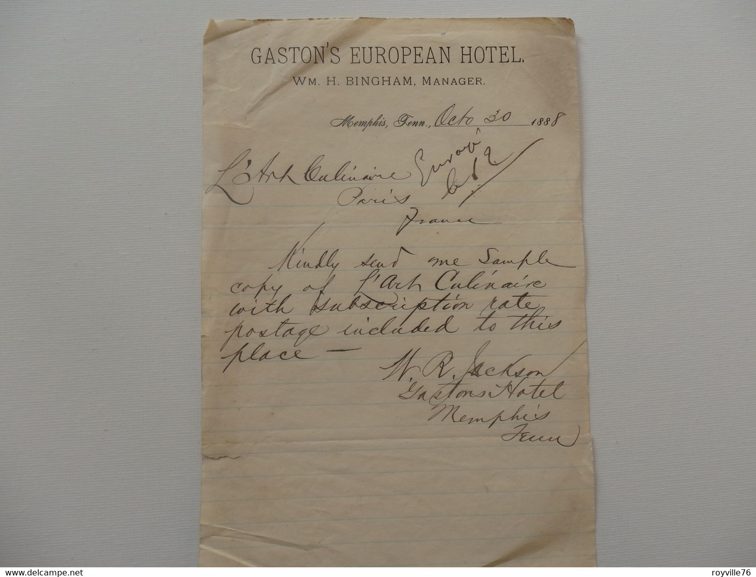 Lettre Gaston's European Hôtel WM. H. Bingham, Manager à Memphis Tennissi. - Etats-Unis