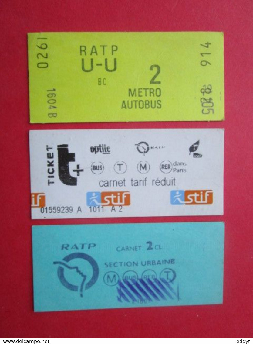 3 TICKETS Métro Autobus RATP SNCF - PARIS - 2° Classe - DIVERS - Couleur Blanc/Bleu/Jaune - TBE - Mondo