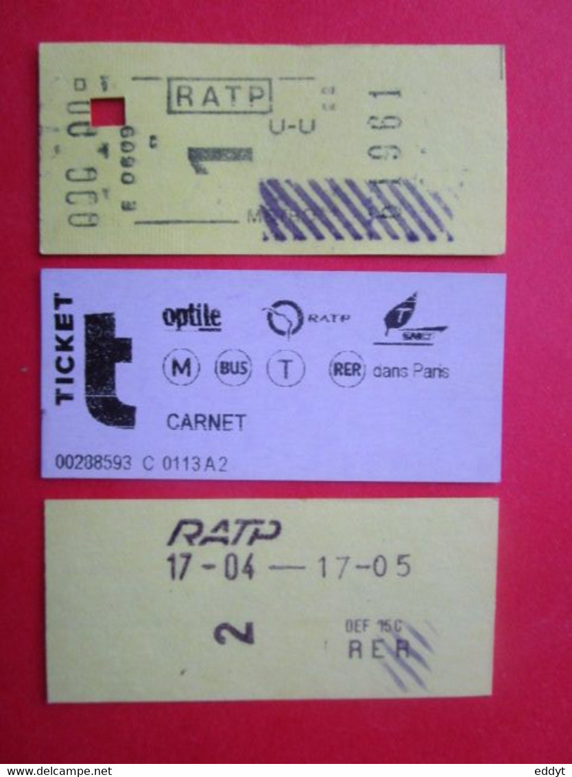 3 TICKETS Métro Autobus RATP SNCF - PARIS - 1°/2° Classe - DIVERS - Couleur JAUNE/MAUVE/JAUNE - TBE - Wereld