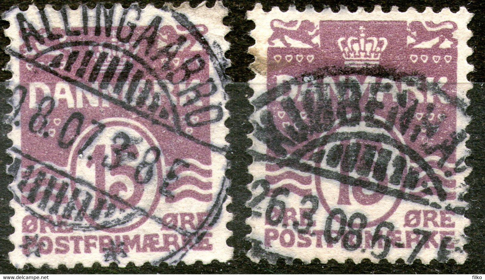 Denmark,1905. Numeral. 2 X 15 Øre Brown-lilac,cancel:Allingaabro,19.08.1907:Kjobenhaven,26.03.1908,used,as Scan - Sonstige & Ohne Zuordnung