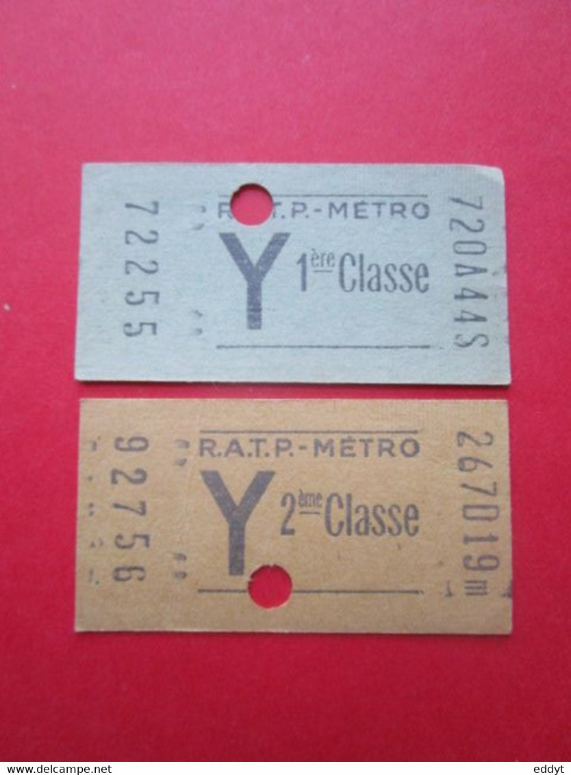 2 TICKETS Métro Autobus RATP - PARIS - 1°/2° Classe  - Série Y - 1960/70 - TBE - Monde