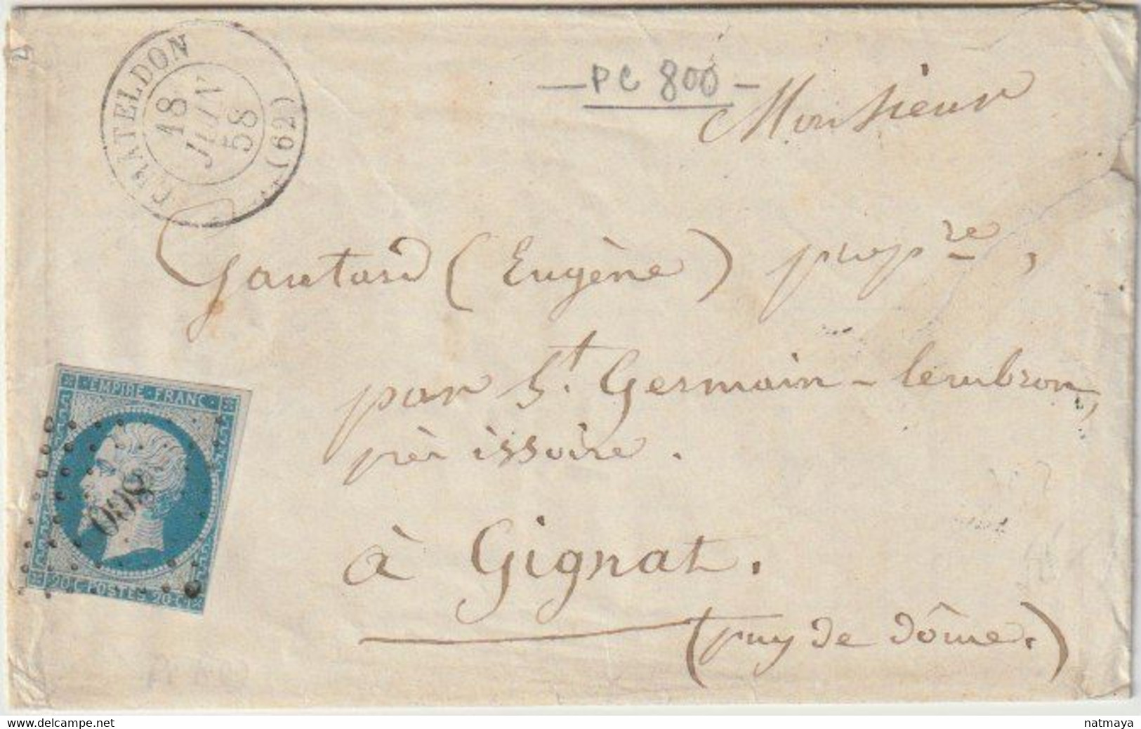 PUY DE DOME- Chateldon - Enveloppe- CAD- Type15- Oblitération Petit Chiffre800- 1858 - 1849-1876: Klassieke Periode