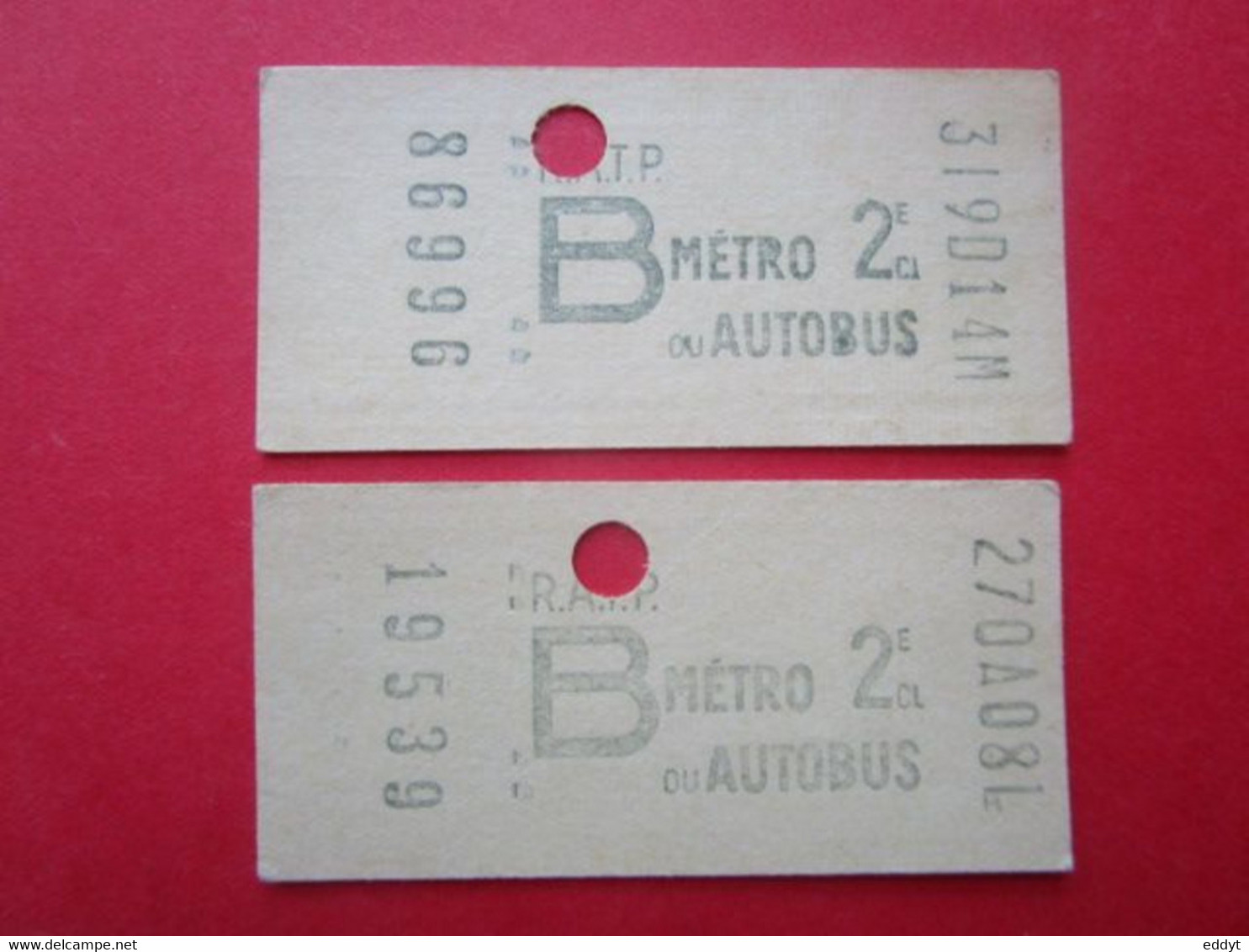 2 TICKETS Métro Autobus RATP - PARIS - 2° Classe  - Série B - 1960/70 - NEUF - Monde