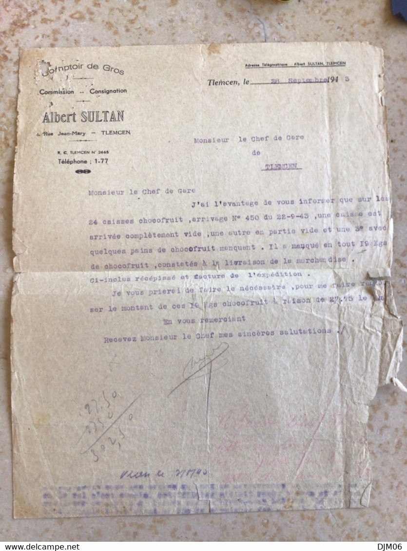 Algérie: Facture Commerciale à Entête Judaïca - Tlemcen 1943 - Artigianato