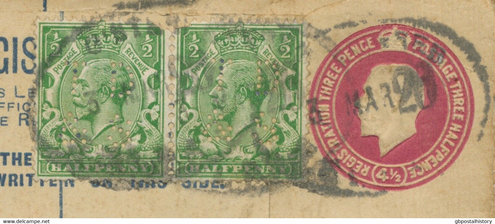 GB 1926 „BELFAST“ Very Fine GV 4 ½d PS Registered Letter Uprated W GV 1/2d (2 X – Rare Perfins: „TD / & S“) To PARIS - Perforadas