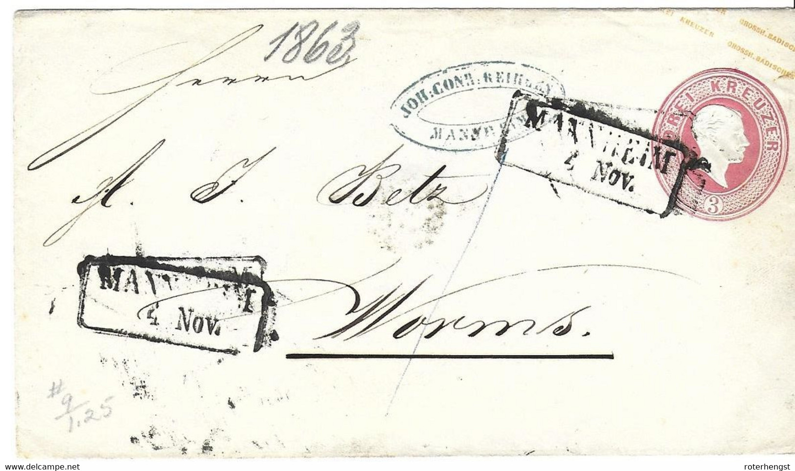 Baden Mannheim To Worms Written On Envelope 1863 B9, Arrival Cancel D1 5/11 In Circle On Back - Ganzsachen