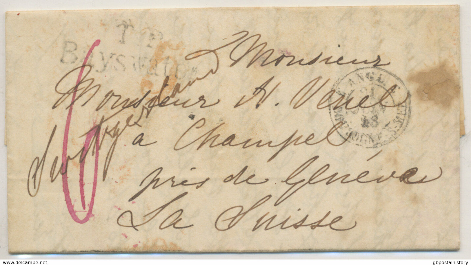 GB 1848 Stampless Partly Unpaid Entire From „LONDON“ Via France To Switzerland - Storia Postale