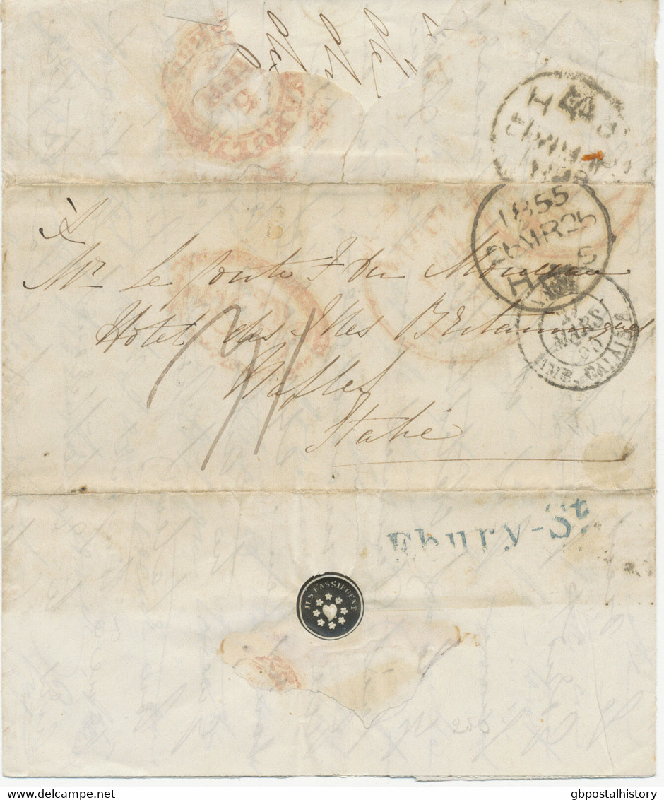 GB 1855 Stampless Unpaid Entire „LONDON“ Via CALAIS To France; Taxed In Black  „3/“, With Extremely Rare Black CDS - Cartas & Documentos