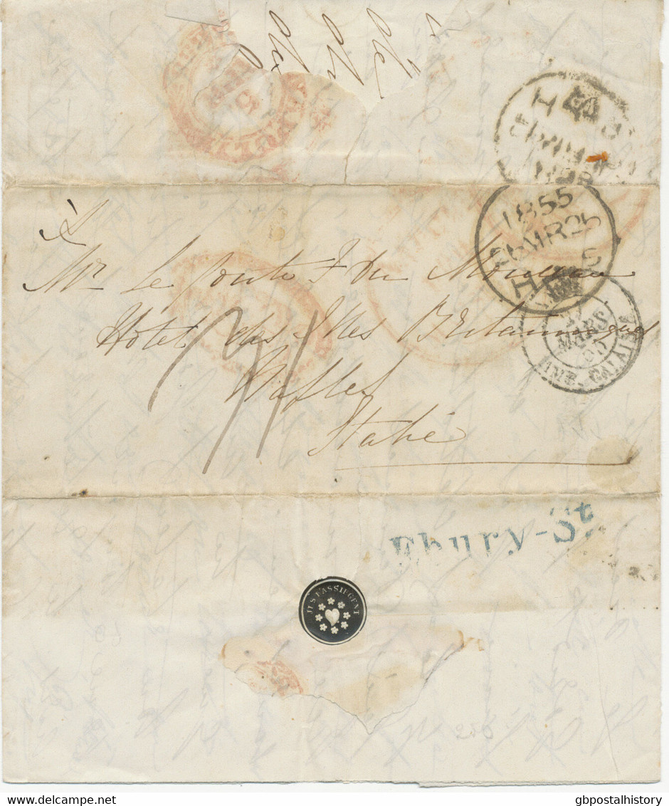 GB 1855 Stampless Unpaid Entire „LONDON“ Via CALAIS To France; Taxed In Black  „3/“, With Extremely Rare Black CDS - Lettres & Documents