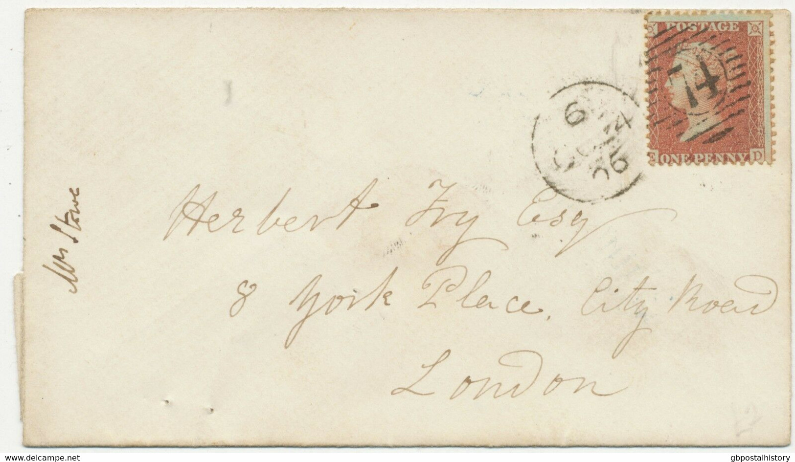 GB 1856 QV 1d Red-brown Lightly Blue Paper Perf.14 (ED) Cvr Duplex-cancel "74" - Covers & Documents