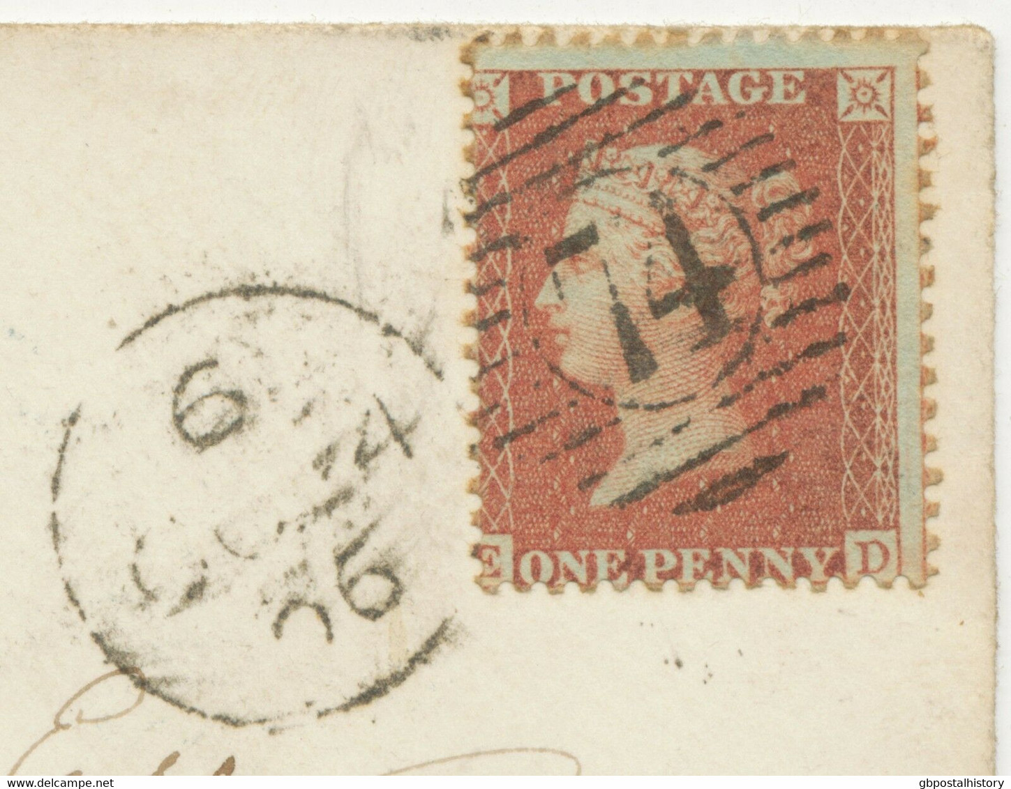 GB 1856 QV 1d Red-brown Lightly Blue Paper Perf.14 (ED) Cvr Duplex-cancel "74" - Briefe U. Dokumente