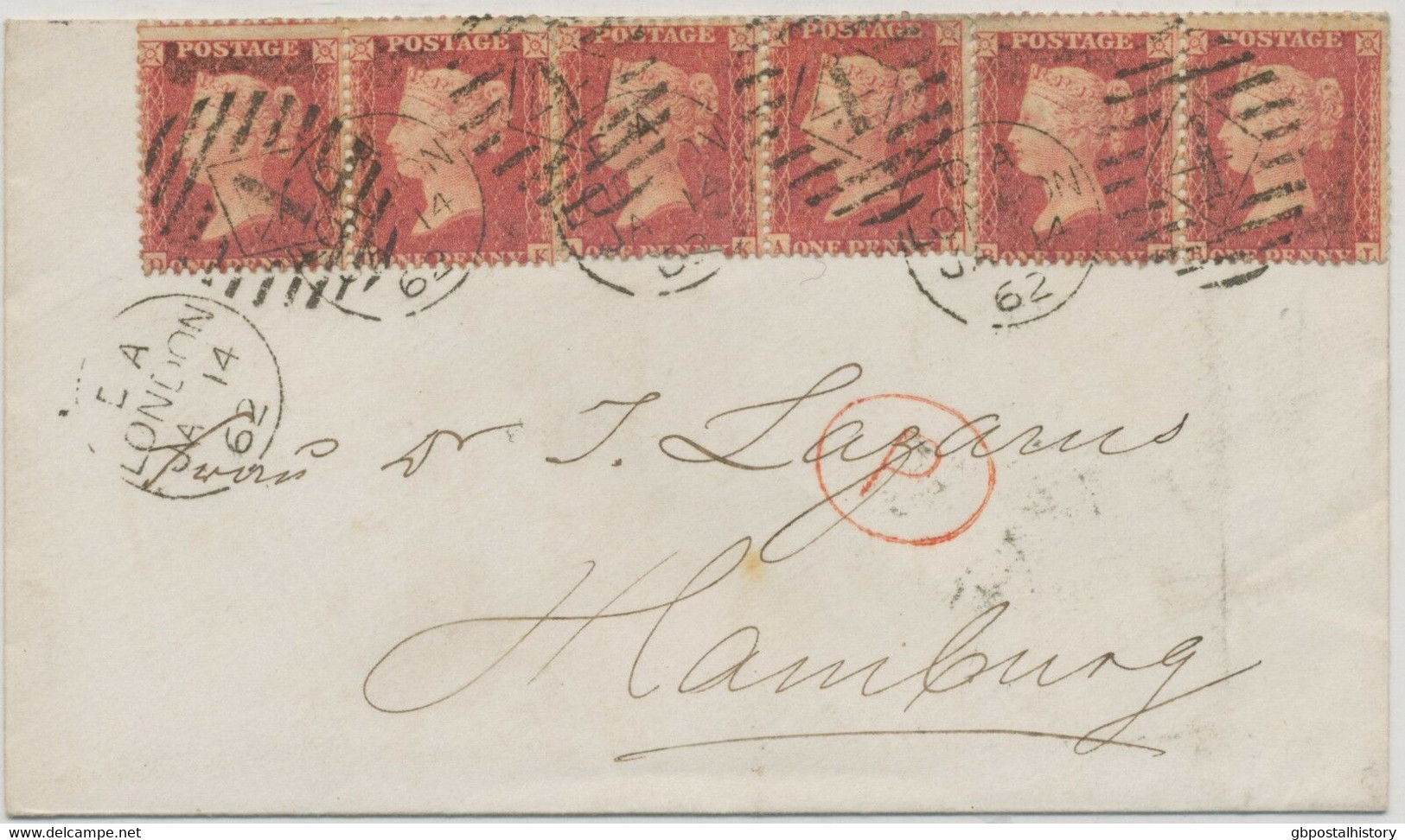 GB 1862 QV 1d Rose-red Stars Perf.14 (AK-AL, BK-BL, DJ-DK) 3 Pairs Cvr HAMBURG - Briefe U. Dokumente