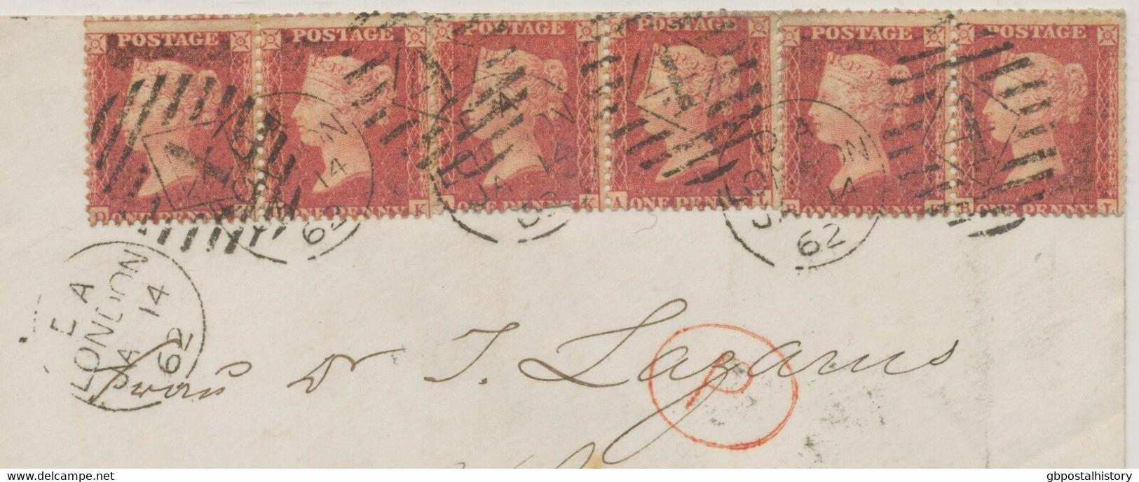 GB 1862 QV 1d Rose-red Stars Perf.14 (AK-AL, BK-BL, DJ-DK) 3 Pairs Cvr HAMBURG - Briefe U. Dokumente