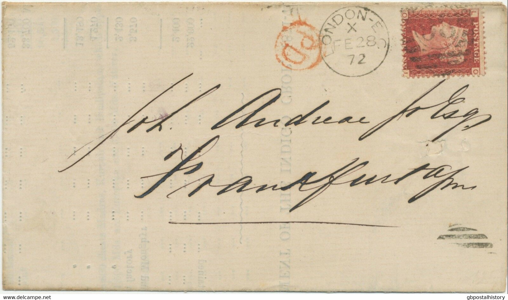 GB 1872 QV 1d Rose-red Pl.125 (OL) VFU Printed Matter LONDON-E.C / 98 FRANKFORT - Lettres & Documents
