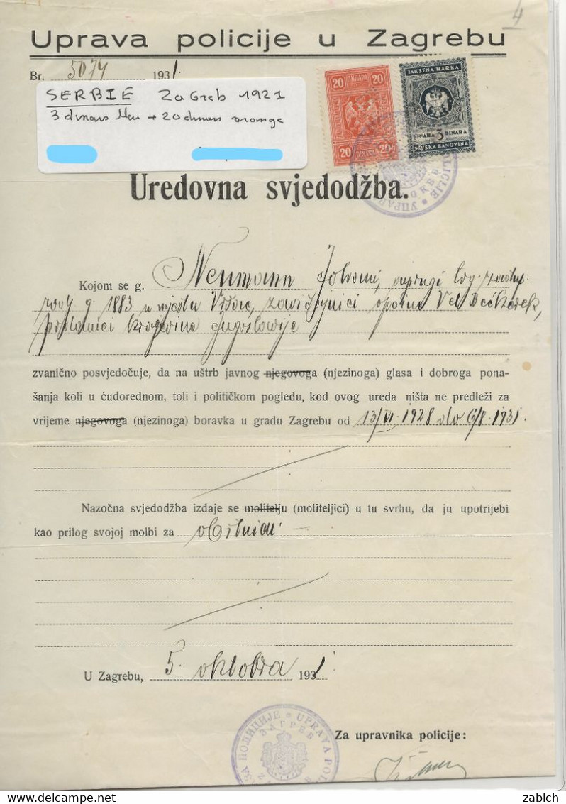 FISCAUX SERBIE 1921 ET 1931  3 10 ET 20 DINARS - Servië