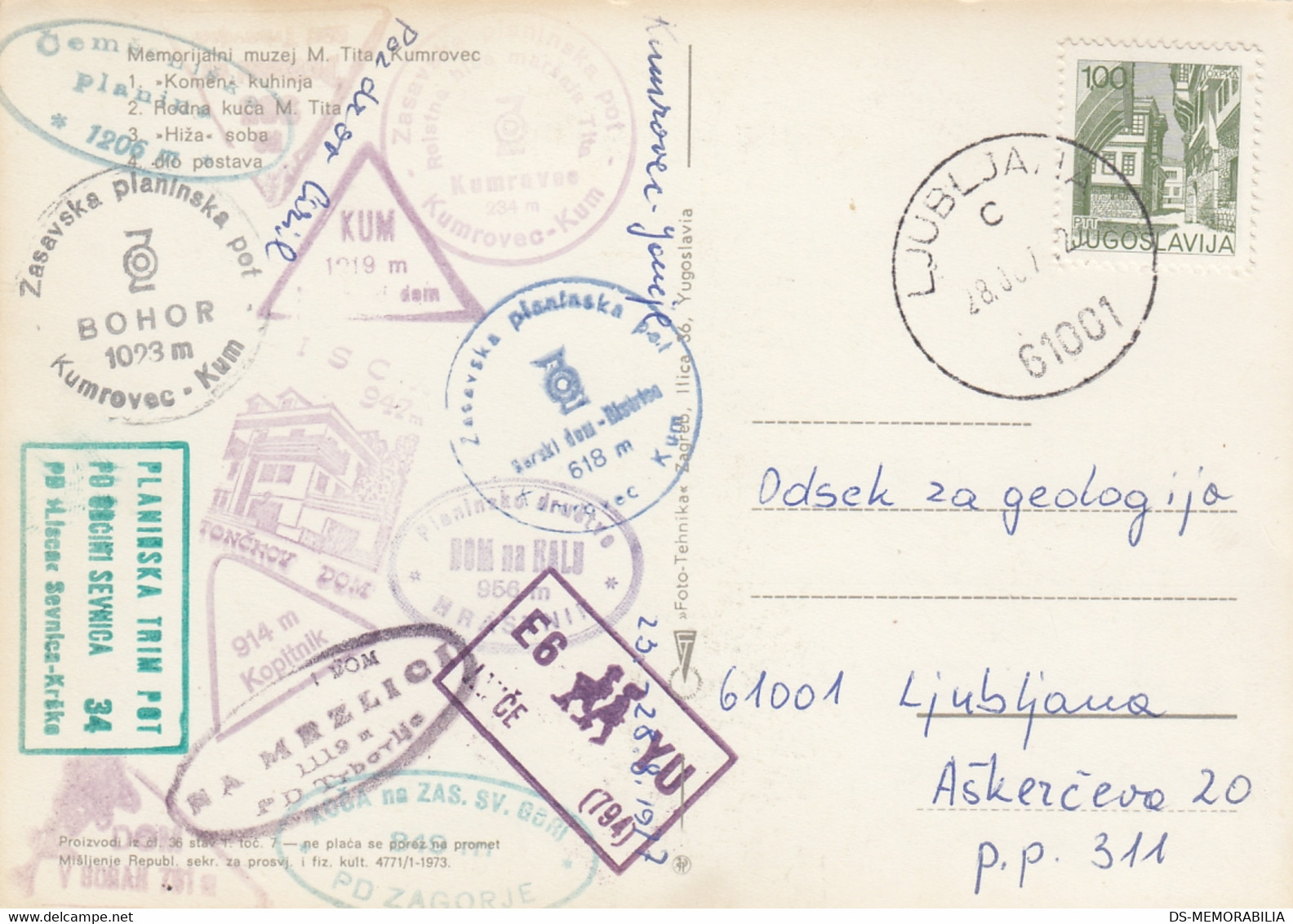 Yugoslavia Mountaineering Alpinism Postmarks , Kum Mrzlica Cemsenicka Planina Trbovlje Bohor Sevnica Kal Hrastnik - Klimmen